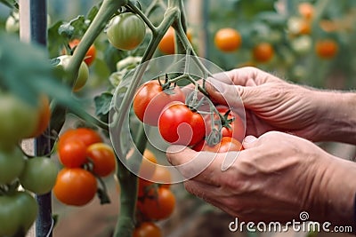 gardener hand pick red tomato generative ai Stock Photo