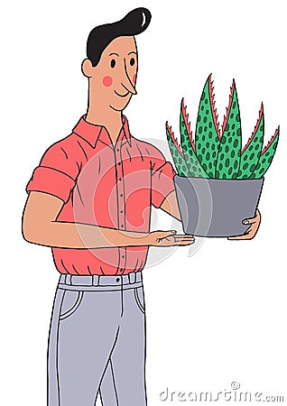 A gardener holding an aloe vera plant Stock Photo