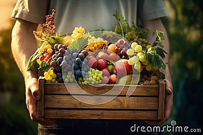 gardener holding a crate of summer fruit, grapes, peaches, apricots. harvest concept Stock Photo
