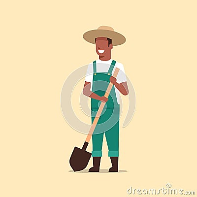 Gardener holding shovel african american country man working in garden gardening eco farming concept full length Vector Illustration