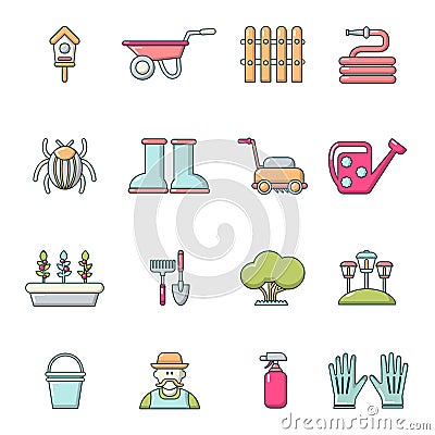 Gardener icons set, cartoon style Vector Illustration