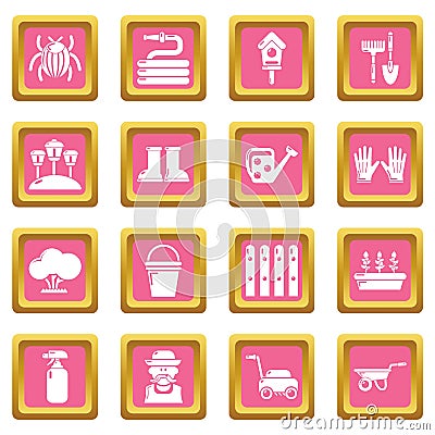 Gardener icons set pink square vector Vector Illustration