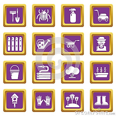 Gardener icons set purple square vector Vector Illustration