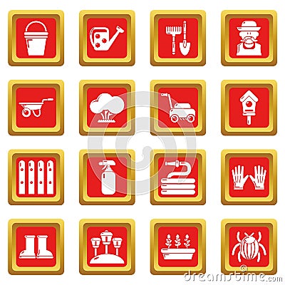 Gardener icons set red square vector Vector Illustration