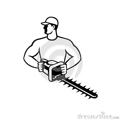 Gardener or Landscaper with Garden Hedge Trimmer or Shears Front View Retro Black and White Vector Illustration