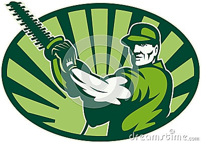 Gardener Landscaper Hedge Trimmer Retro Vector Illustration