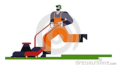 Gardener with lawn mower cutting grass, isolated character Vector Illustration