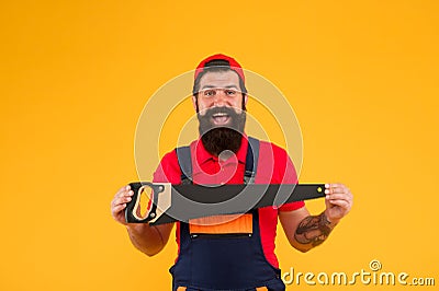 Gardener lumberjack equipment. Tools shop. Sharp blade of saw. Dangerous job. Feeling manly. Carpenter with saw in hands Stock Photo