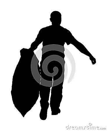 Gardener man with bag of leaves or garbage, trash, silhouette. Landscaper hold a plastic bag with garbage. Backyard Garden Stock Photo