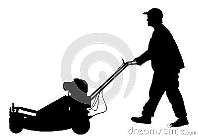 Gardener man mowing lawn mower silhouette. Cartoon Illustration