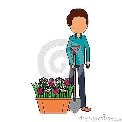 gardener man with shovel and flowers gardening Cartoon Illustration