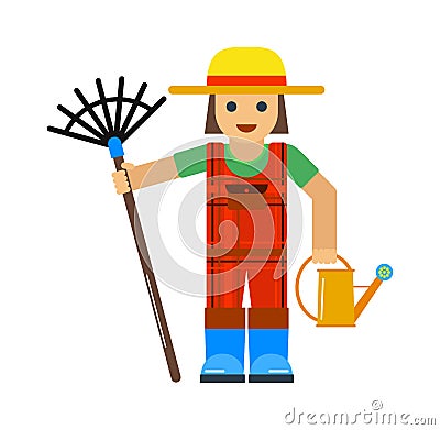 Gardener man worker with sprinkle and rake manual grass yard equipment vector illustration. Vector Illustration