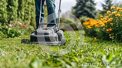 Gardener Mowing Grass Cutting Lawn Mower Lawnmower Stock Photo