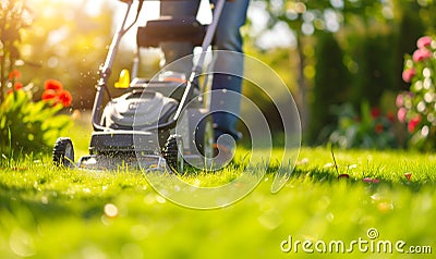 Gardener Mowing Grass Cutting Lawn Mower Lawnmower Stock Photo