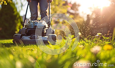 Gardener Mowing Grass Cutting Lawn Mower Lawnmower Stock Photo