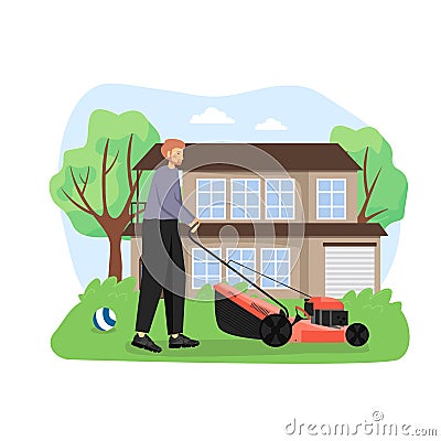 Gardener mowing the lawn, cutting grass with lawn mower, flat vector illustration. Gardening, home improvement services. Vector Illustration