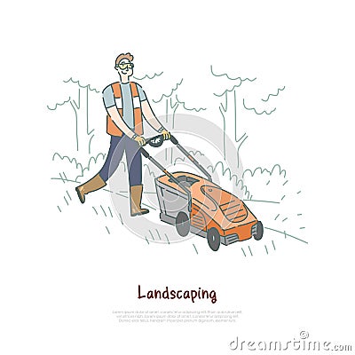 Gardener mowing lawn, handyman cutting grass with lawn mower, worker using greenery, landscaping equipment banner Vector Illustration