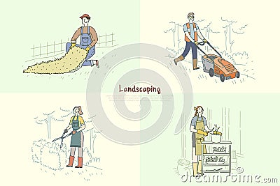 Gardener mowing lawn, handyman installing artificial grass, woman planting flowers, trimming bush banner Vector Illustration