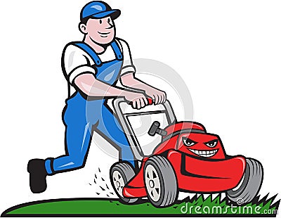 Gardener Mowing Lawn Mower Cartoon Vector Illustration