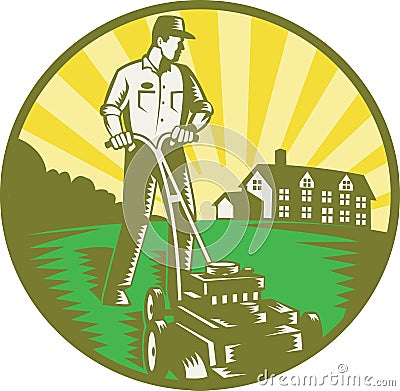 Gardener Mowing Lawn Mower Retro Vector Illustration