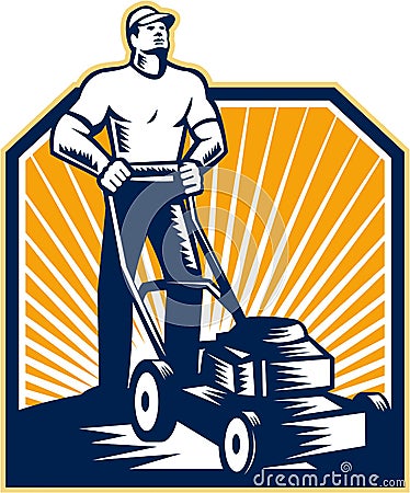 Gardener Mowing Lawn Mower Retro Vector Illustration