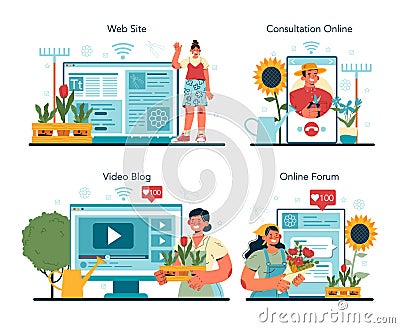 Gardener online service or platform set. Idea of horticultural or landscape Vector Illustration