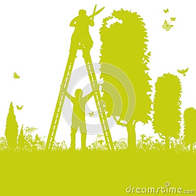 Gardener pruning and cutting trees Vector Illustration