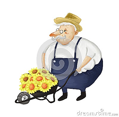 Gardener pushing a wheelbarrow with full of sunflowers isolated on white background, Hand drawn illustration. Cartoon Illustration