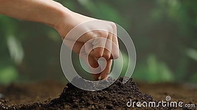 Gardener putting seeds in the ground. Man farmer hands planting sowing seed in soil preparation for spring season Stock Photo