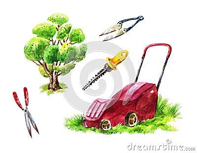 Gardener`s tools for mowing the lawn, cutting shrubs and trees, Stock Photo