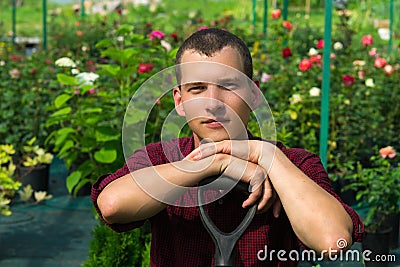 Gardener stands in a greenhouse against a background of various plants Stock Photo