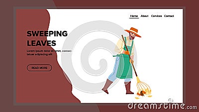 Gardener Sweeping Leaves With Rake Tool Vector Vector Illustration