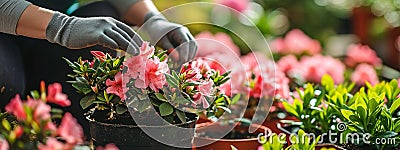 A gardener takes care of azaleas in the garden. Selective focus. Stock Photo