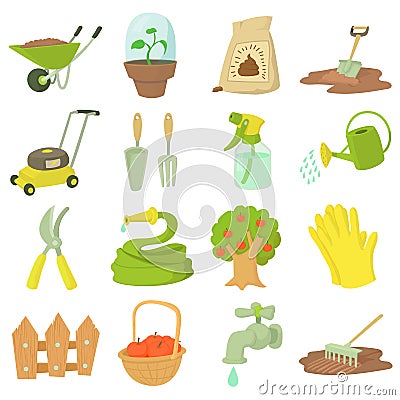 Gardener tools icons set, cartoon style Vector Illustration