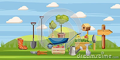 Gardener tools icons set, cartoon style Vector Illustration