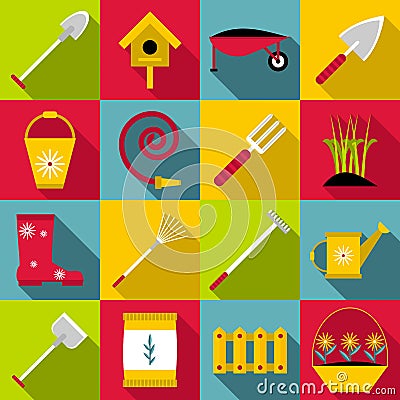 Gardener tools icons set, flat style Vector Illustration