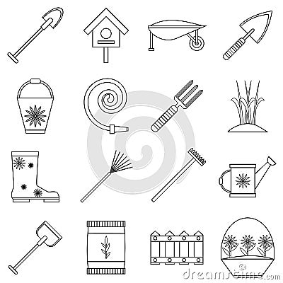 Gardener tools icons set, outline style Vector Illustration