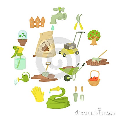 Gardener tools icons set, cartoon style Vector Illustration