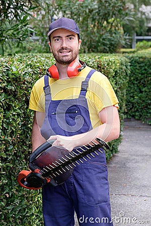 Gardener using an hedge clipper in the garden Stock Photo