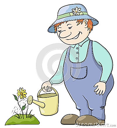 Gardener waters a flower Vector Illustration