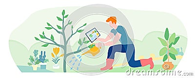 The gardener waters the tree. Hand drawn, vector illustration Vector Illustration