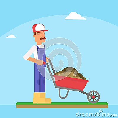 Gardener with wheelbarrow flat vector illustration Vector Illustration