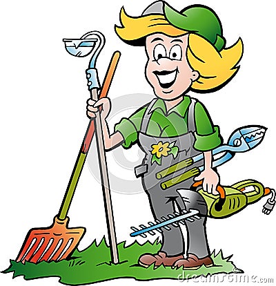 Gardener Woman standing with he Garden Tools Cartoon Illustration