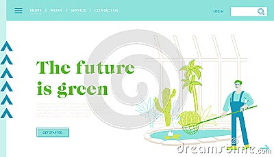 Gardener Worker Landing Page Template. or Botanist Scientist Character Catch Floating Lotus Flowers with Butterfly Net Vector Illustration