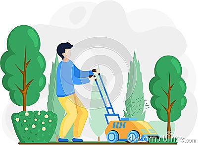Gardener working on backyard and mowing lawn with electric mower. Male handyman cutting grass Vector Illustration