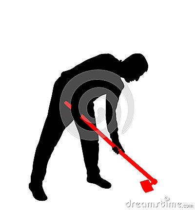 Gardener working soil with hoe in garden vector silhouette illustration. Gardener man digging earth. Vector Illustration