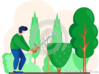 Gardener works in garden cartoon worker with saw trimming green tree and shrub with power tool Vector Illustration