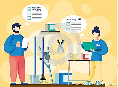 Gardeners man and woman with inventory list stand in shed with tools. Couple of farmers work in yard Vector Illustration