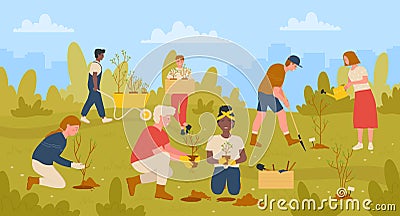 Gardeners people work in eco garden together, volunteers gardening, planting seedlings Vector Illustration