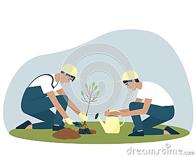 Gardeners are planting a deciduous tree seedling Vector Illustration